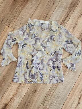 Selene Sport Sheer Ruffle Blouse Gray & Yellow Whimsical Floral Boho Size M